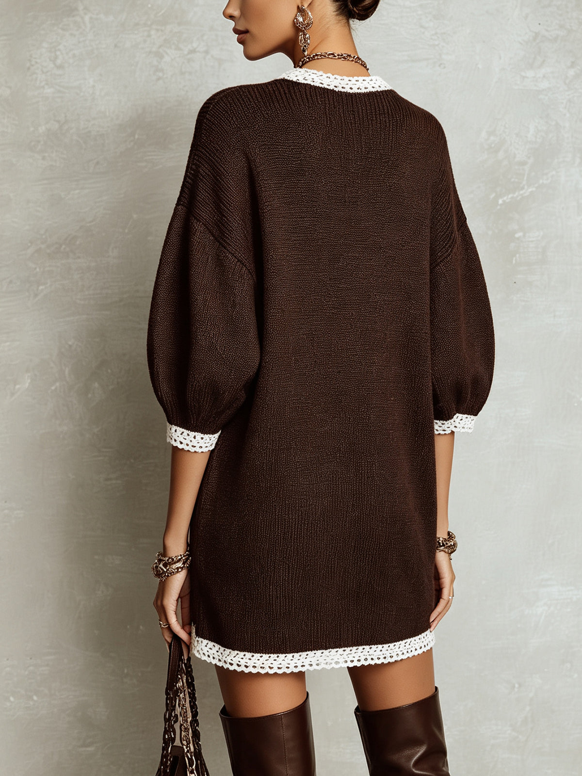 Brown Heart Intarsia Lace Trim Knit Mini Dress