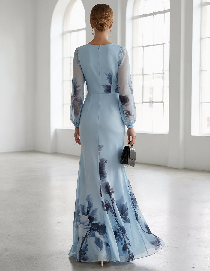Light Blue Gradient Ink Wash Floral Chiffon V Neck Long Sleeves Maxi Dress