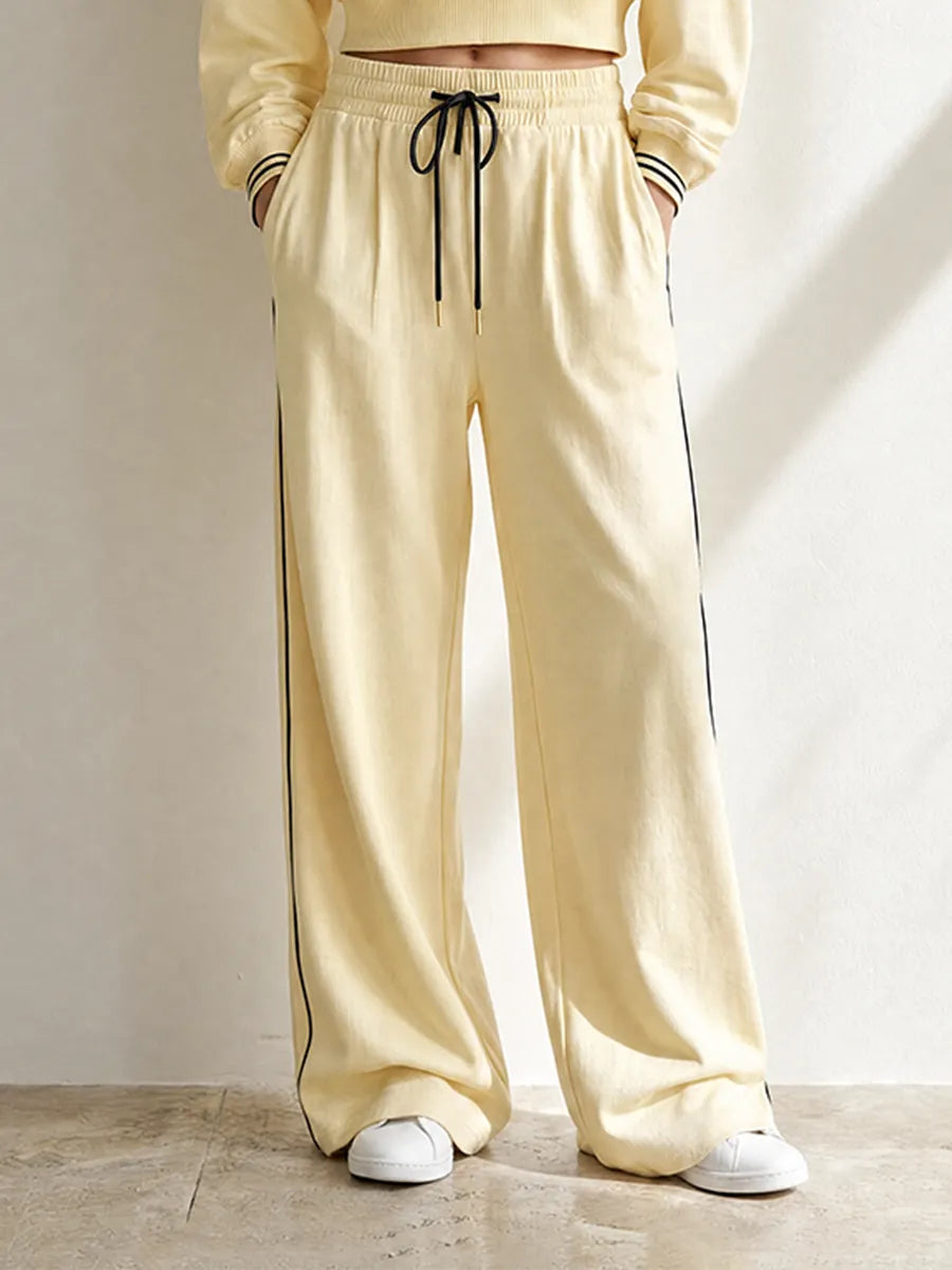 Women's Casual Sporty Light Yellow Half-Zip Collared Long-Sleeve Cropped Sweatshirt & Wide-Leg Trouser Set MDZ2127G6CMX