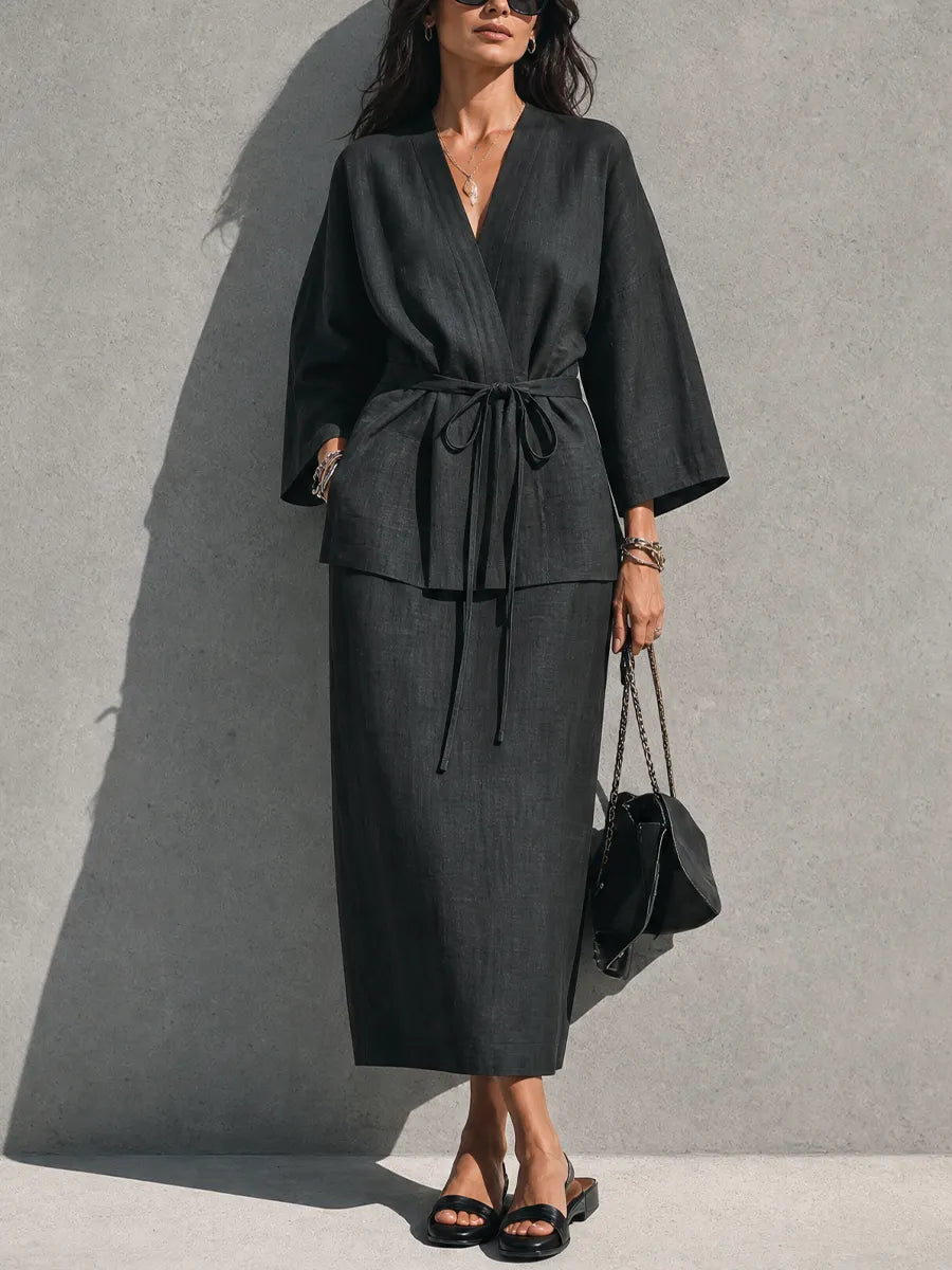 Women's Minimalist Relaxed Style Black Linen Cotton V-Neck 3/4 Sleeve Tie Wrap Top Midi Skirt Set MDZ0733G7GMJ