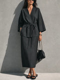 Women's Minimalist Relaxed Style Black Linen Cotton V-Neck 3/4 Sleeve Tie Wrap Top Midi Skirt Set MDZ0733G7GMJ