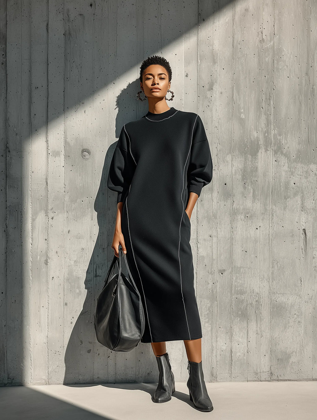 Women's Black Knitted Sweatshirt Fabric Exposed Seam Round Neck Loose Long Sleeve Pocket Midi Dress With White Piping Trim MDZ1549G0YZJ