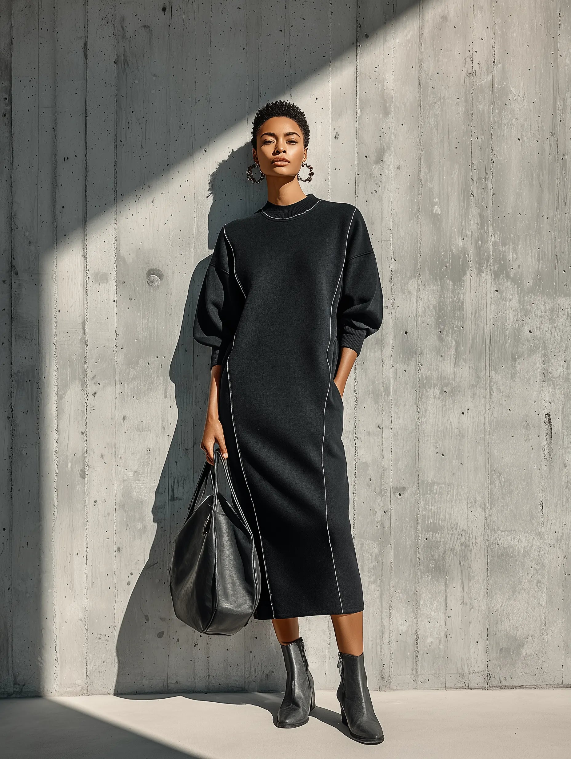Women's Black Knitted Sweatshirt Fabric Exposed Seam Round Neck Loose Long Sleeve Pocket Midi Dress With White Piping Trim MDZ1549G0YZJ
