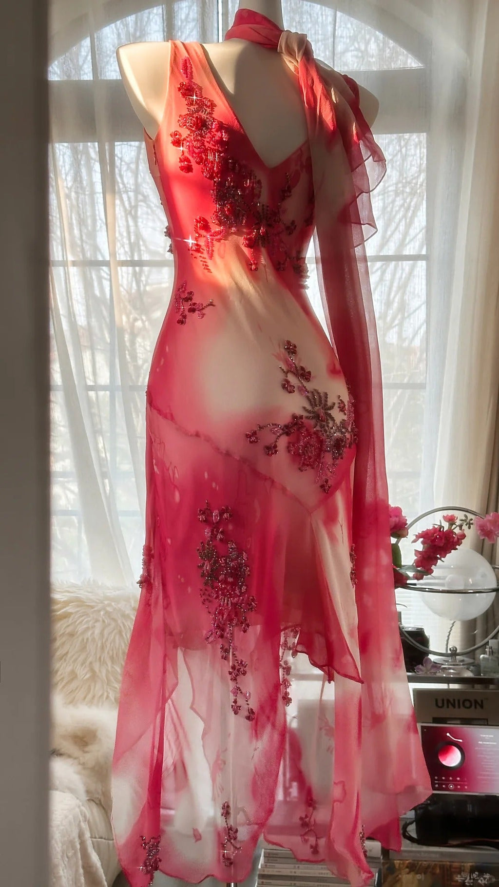 Pink Gorgeous Elegant Romantic Exquisite Beaded Blooming Long Chiffon Ball Gown Evening Dress Birthday/Wedding Guest Party Dress 4018