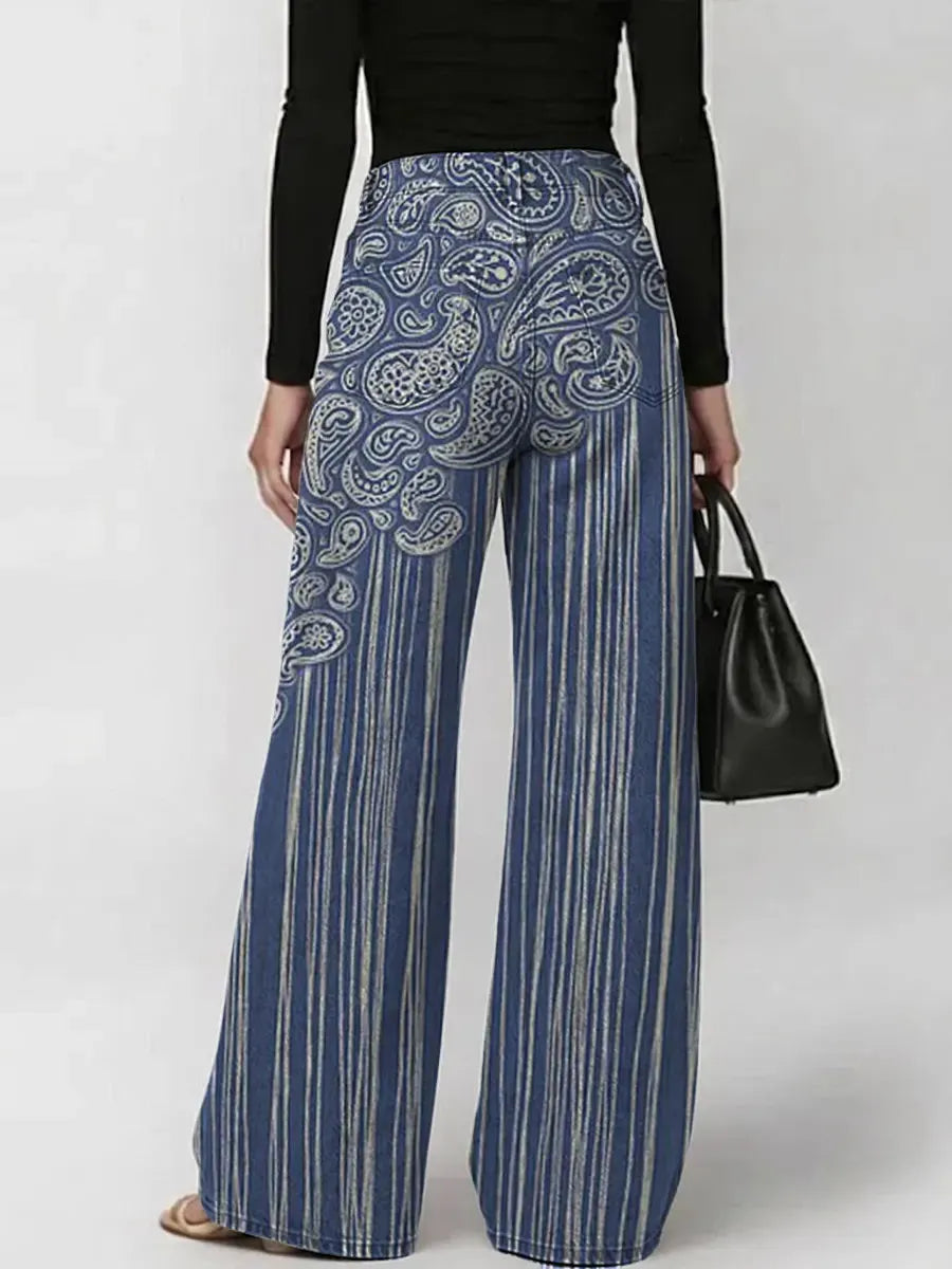 Women's Vintage Paisley Striped Pattern Print Casual Fashion Cutout Jeans