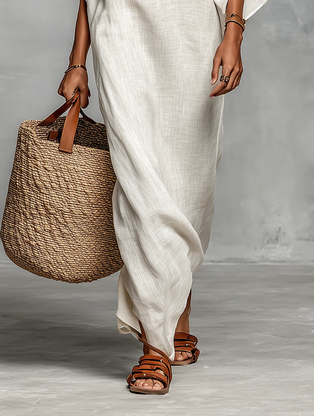 Women's Minimalist Linen Blend Off-the-shoulder Batwing Sleeve Straight-cut Maxi Dress MDZ0949A8Y