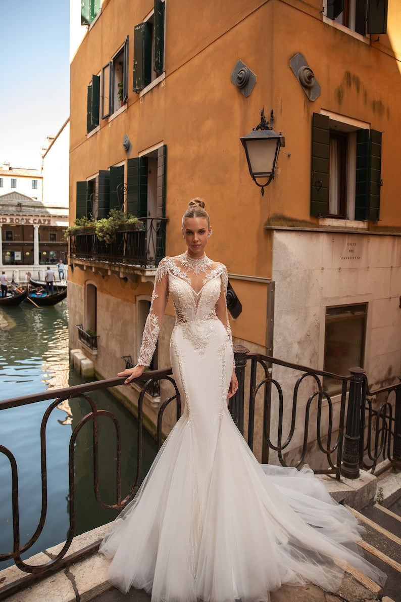 Luxurious Mermaid Fit and flare Long illusion Sleeve Mockneck Illusion open decorated back back Pearl sequin Embroidered wedding dress
