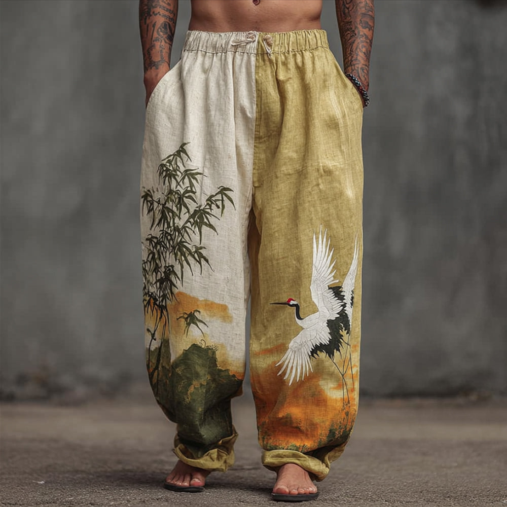 Men's Japanese Style Crane And Bamboo Forest Retro Linen Trousers