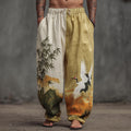 Men's Japanese Style Crane And Bamboo Forest Retro Linen Trousers
