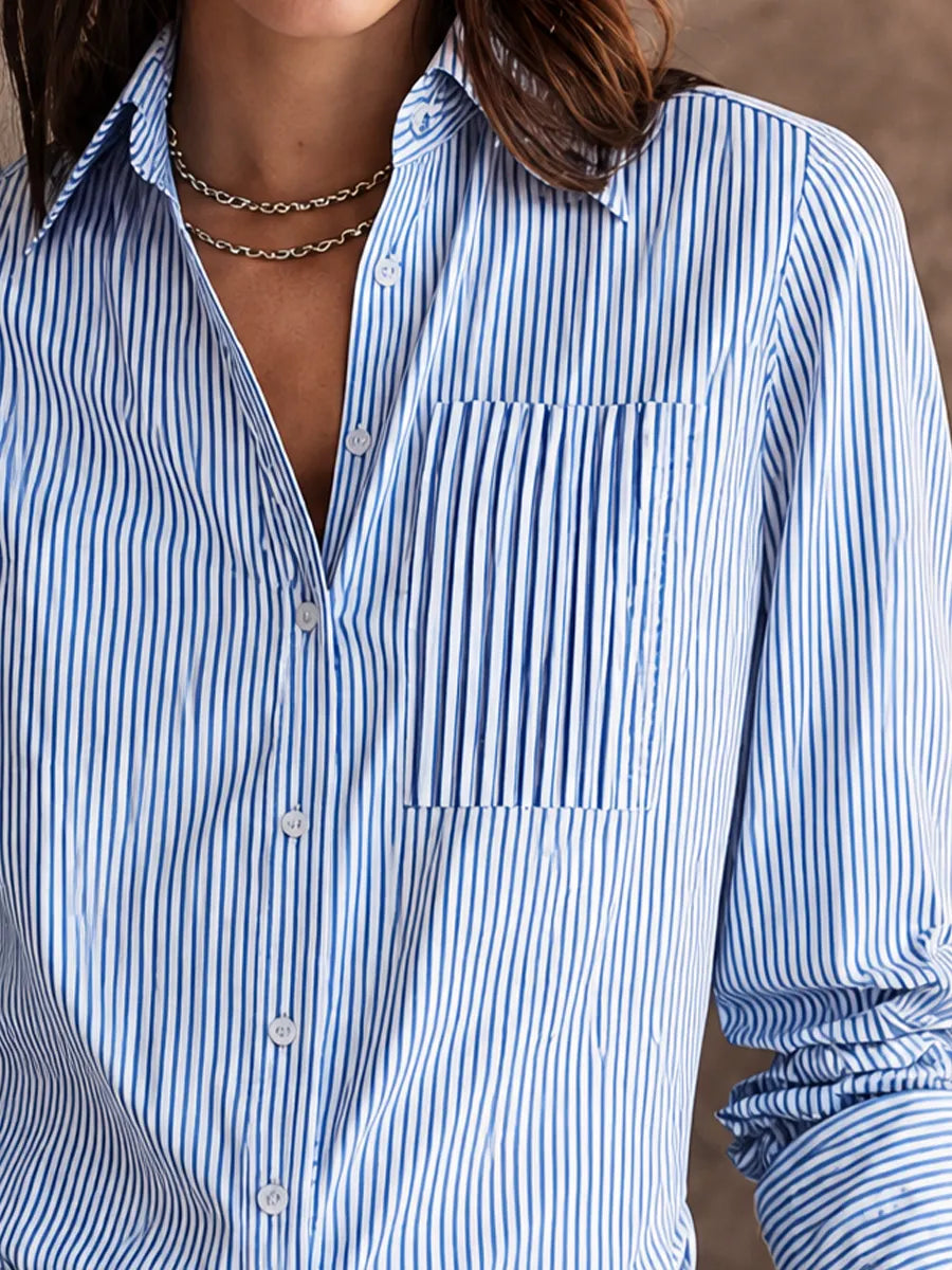 Women's Classic Commuter Blue White Cotton Blend Striped Pleated Pocket Button-Down Shirt MDZ1664G4GMJ