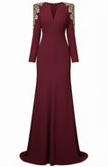 Long Sleeve Embellished Shoulders Maxi Dress Burgundy