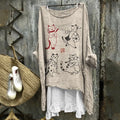 Funny Cat Japanese Art Embroidered Linen Blend Tunic
