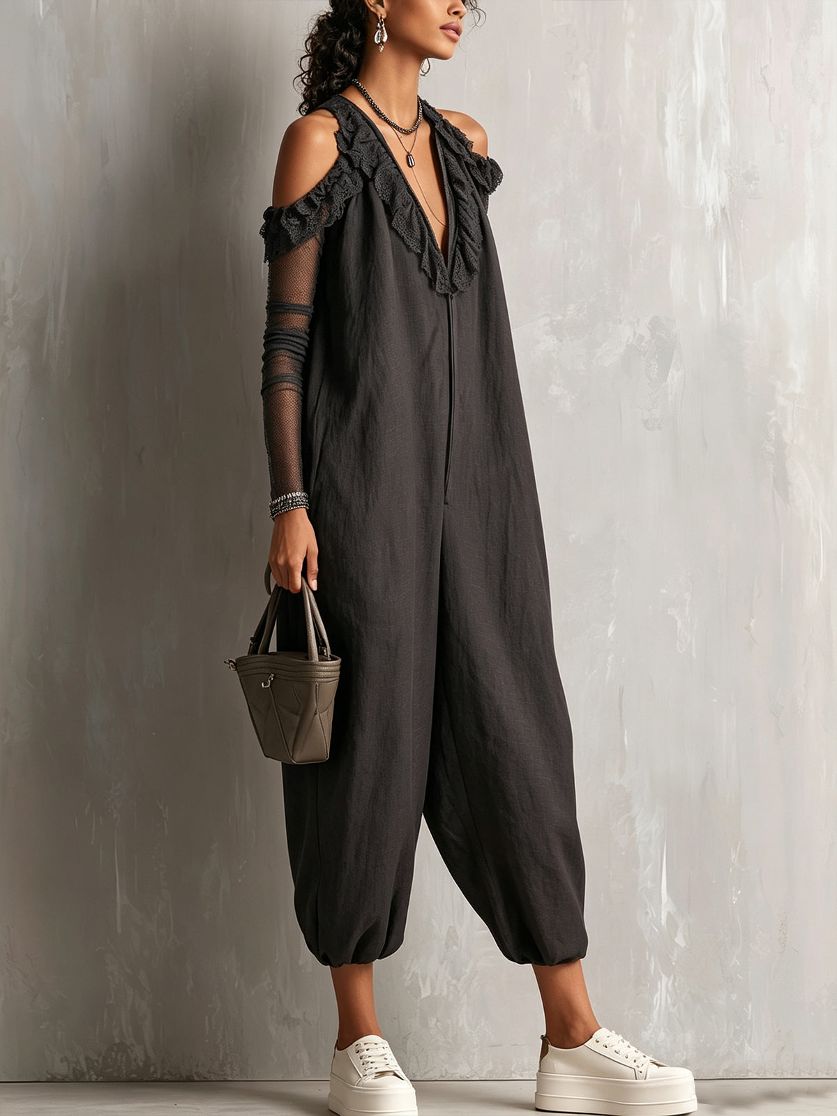 Cold-Shoulder Black Ruffle Trim Harem Jumpsuit
