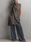 Gray Linen Blend Sculptural Top And Wide Leg Pants Set