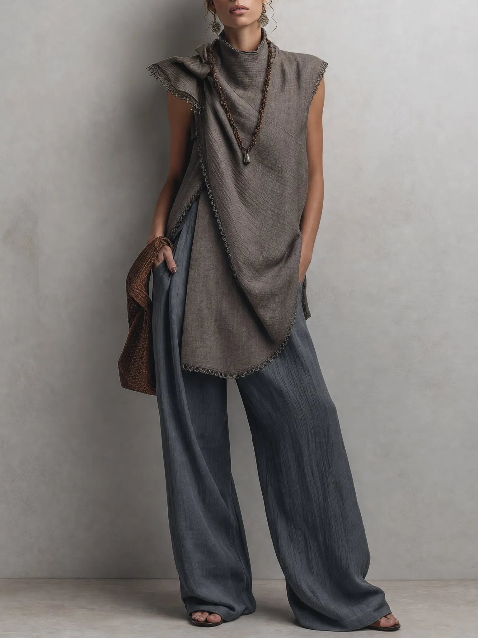 Gray Linen Blend Sculptural Top And Wide Leg Pants Set