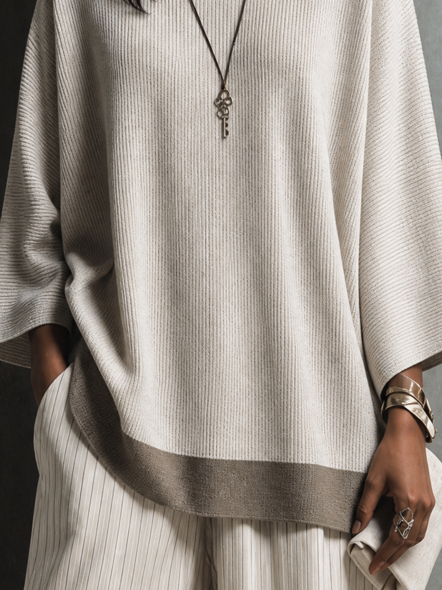 Women's Minimalist Ivory Knit Ribbed Batwing Sleeve Loose Top MDZ2400G3GMJ