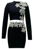 Long Sleeve Crystal Floral Detail Two Piece Dress Black