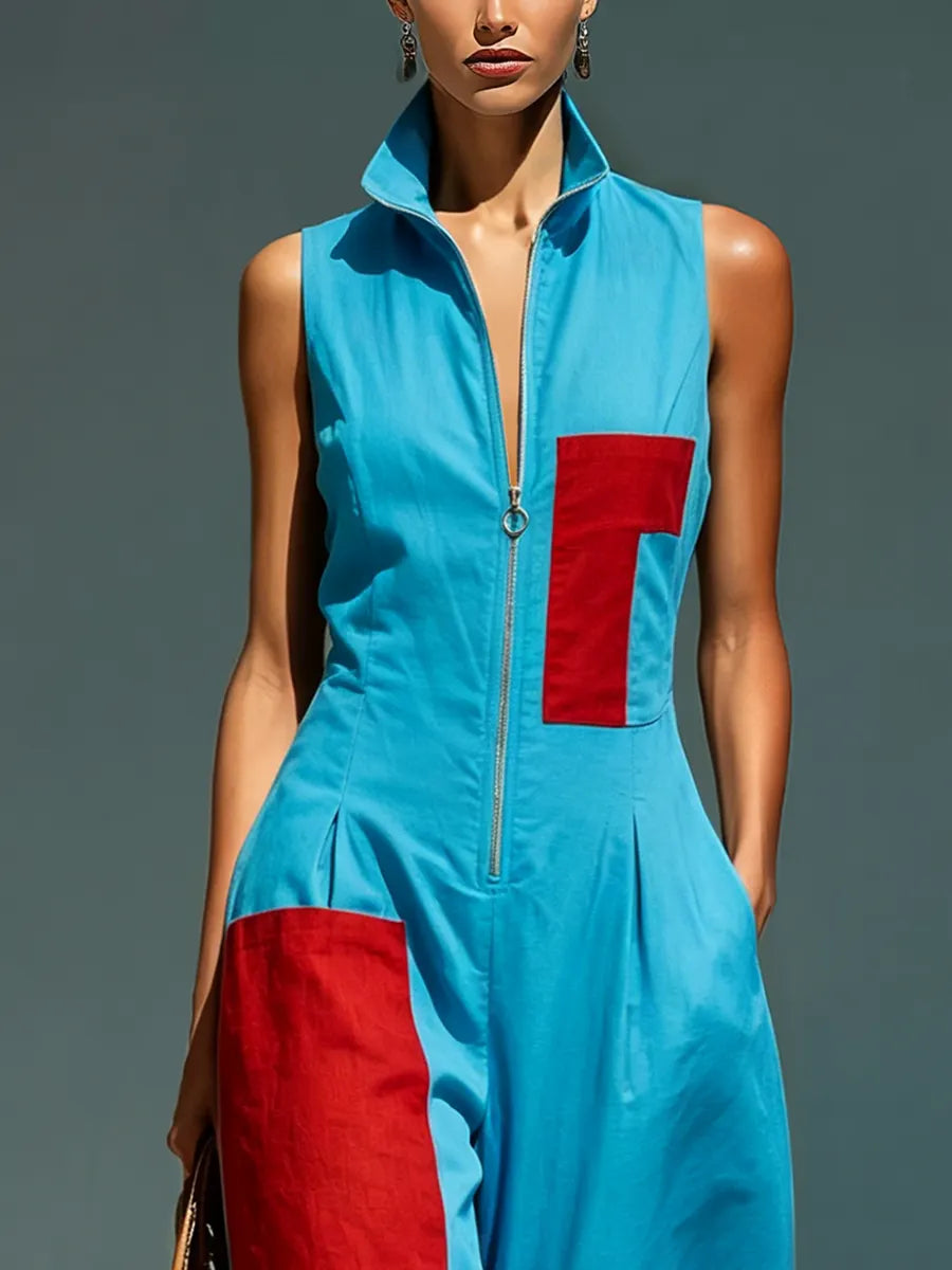 Women’s Blue Linen-Blend Sleeveless Jumpsuit With Red Patch Pockets & Half-Zip Stand Collar MDZ0982E4T