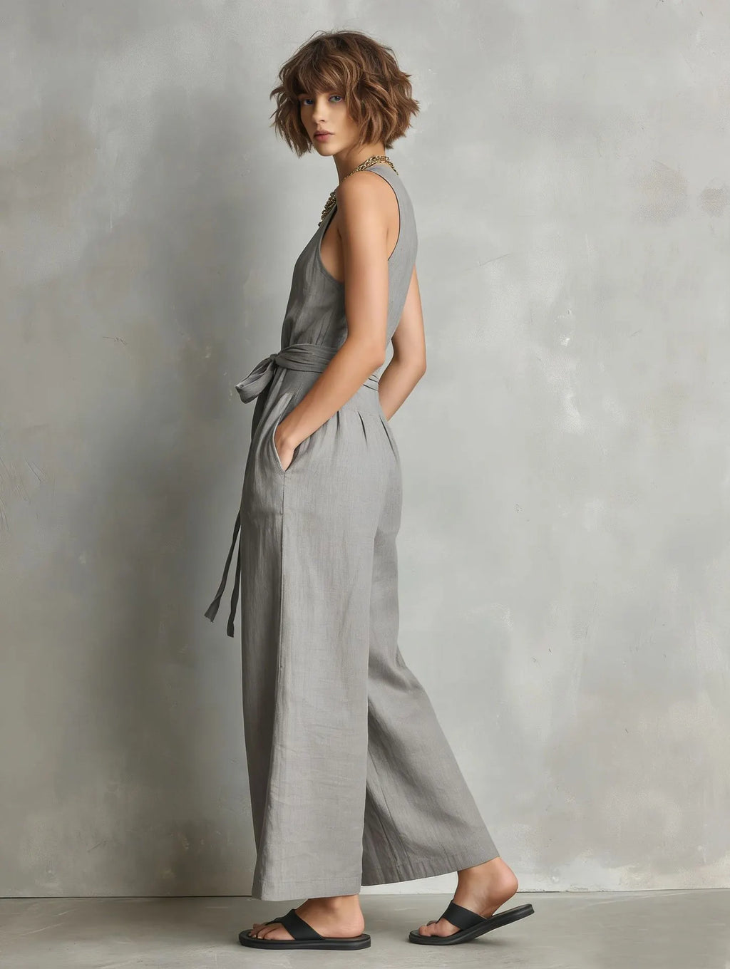 Momocco Elegant Waist-Knot Jumpsuit - Sleeveless Wide-Leg One-Piece Quiet Luxury Set