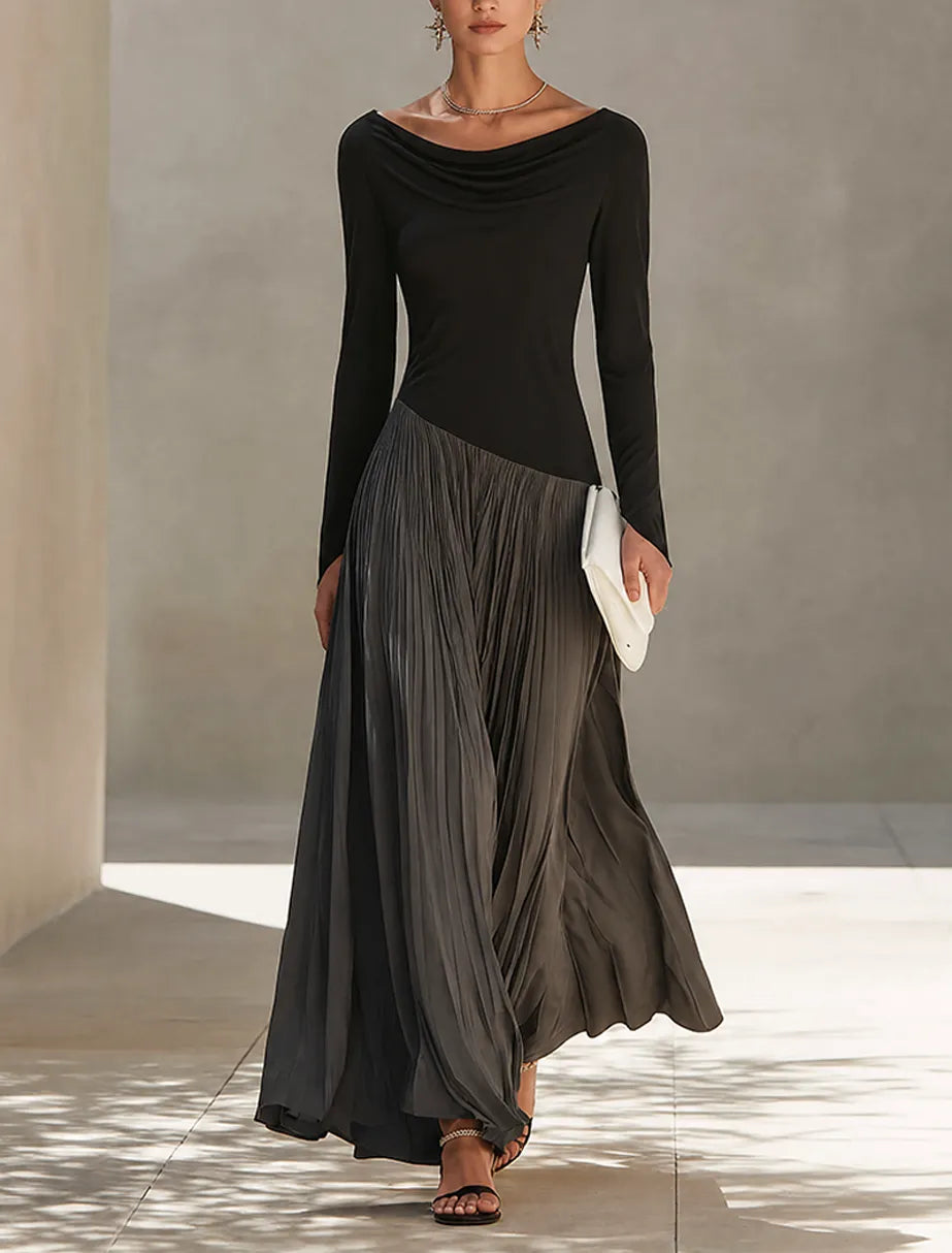 Women's Minimalist Two-Tone Color-Block Maxi Dress With Drape Neckline  MDZ0907G9ZRK