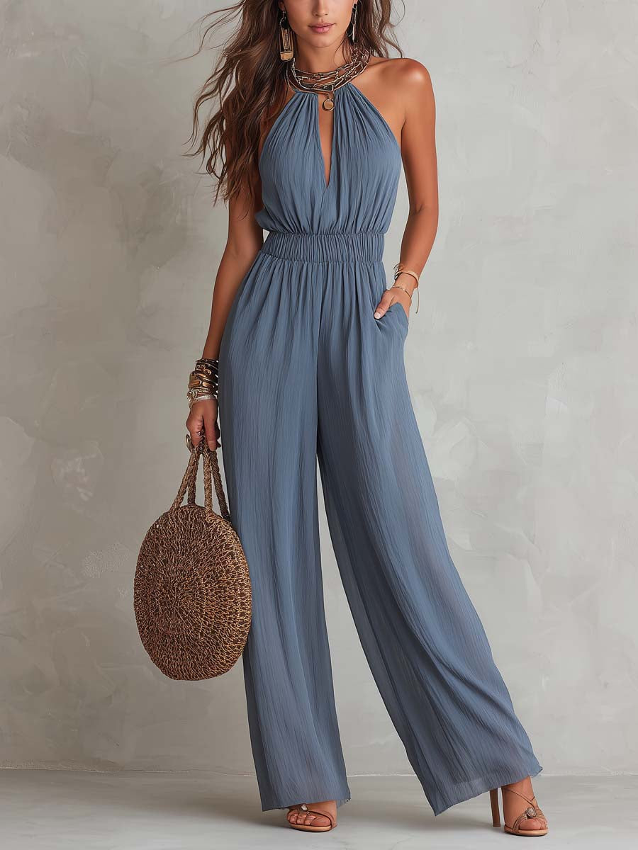 Retro Halter-Neck Texture Chiffon Jumpsuit
