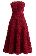 Strapless Floral A Line Midi Dress Red