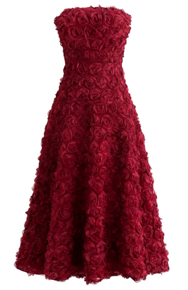Strapless Floral A Line Midi Dress Red
