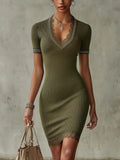 Olive Green Ribbed Knit Bodycon Midi Dress With Beaded Trim And Lace Hem