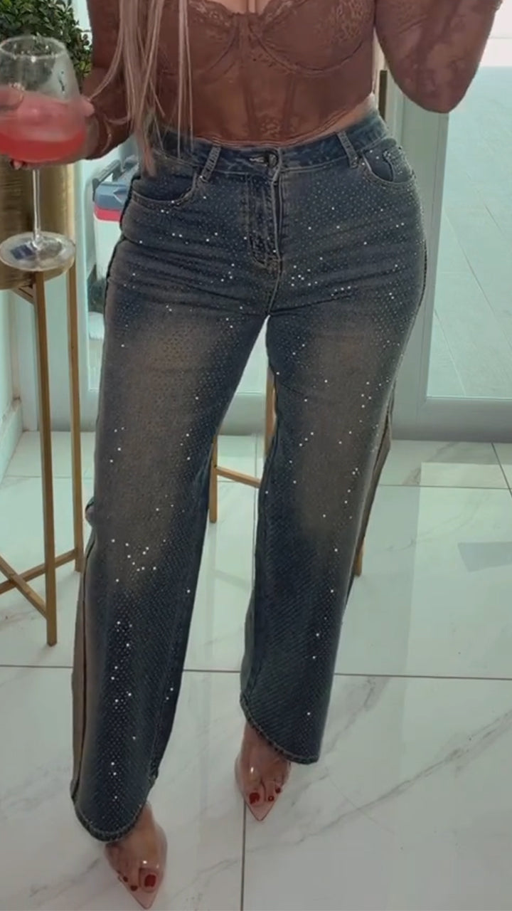 Womens Rhinestone Washed Casual Jeans