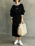 Women's Casual Long-Sleeve Letter-Embroidered Drawstring-Waist Maxi Sweatshirt Dress MDZ2052G9WY