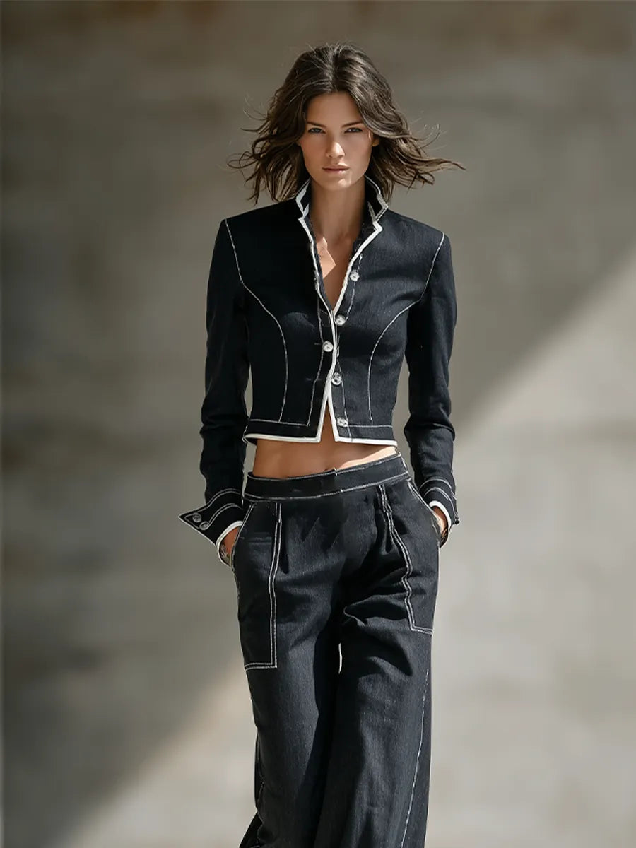 Women's Black Cotton Blend Two-Piece Set With White Contrast Stitch Crop Jacket & High Waist Wide Leg Trousers, Minimalist Retro Street Matching Outfit MDZ1565G3LYL