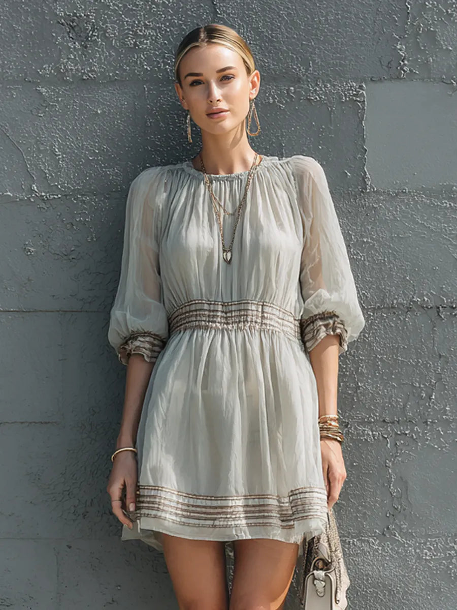 Women's Simple And Elegant Light Gray Chiffon Elastic Gathered Puff Sleeve Short Dress MDZ0986G4GMJ