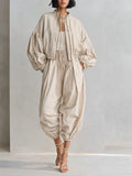 Women's Minimalist Sand Beige Cotton Blend Stand Collar Balloon Sleeve Cropped Jacket And Cocoon Jogger Pants Two-Piece SetMDZ2005G4ZSQ