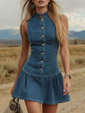 Retro Boho Collar Fitted Denim Sleeveless Mini Dress