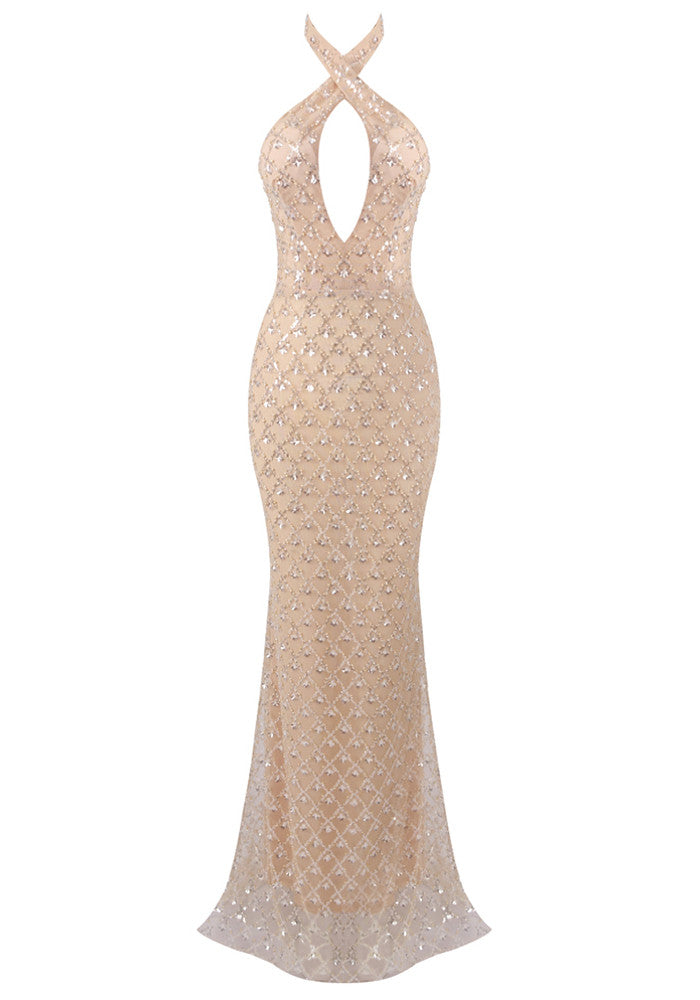 Halter Sequin Maxi Dress Nude