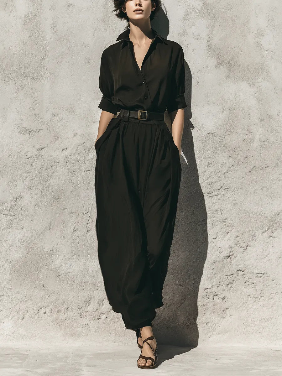 Women's Black Tencel Blend Collared Partial Placket 3/4 Sleeve Shirt Dress MDZ2223G5YZJ