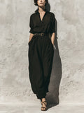 Women's Black Tencel Blend Collared Partial Placket 3/4 Sleeve Shirt Dress MDZ2223G5YZJ