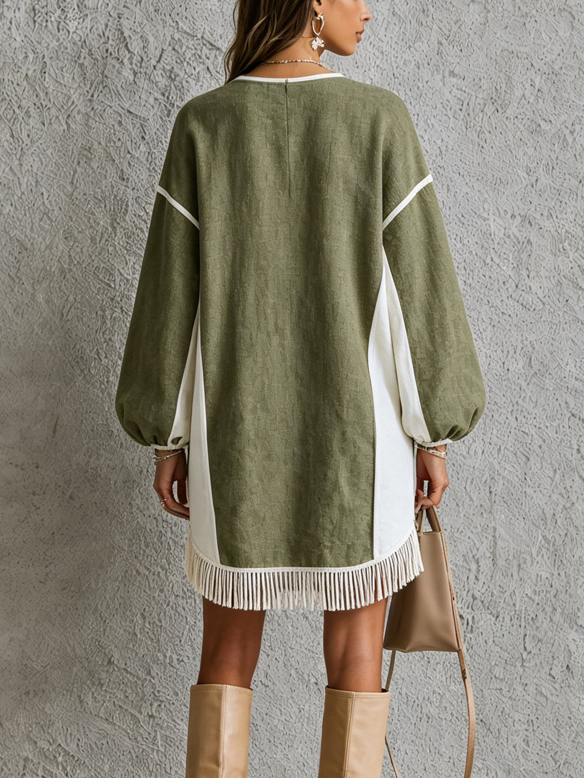 Olive Ivory Fringe Hem Oversized Mini Dress