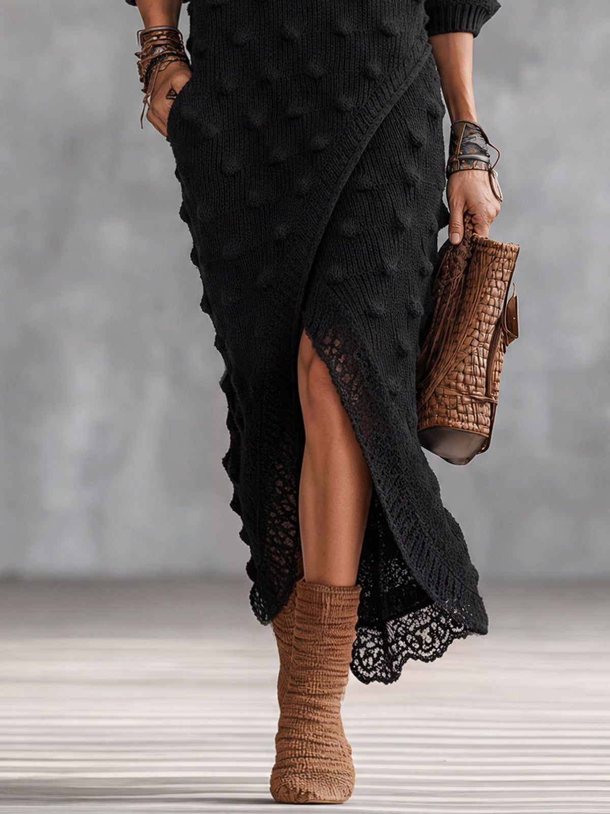 Black Textured Off Shoulder Knit Maxi Dress
