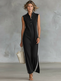 Women's Minimalist Athletic-Style Sleeveless Henley Maxi Dress MDZ1960C6Y