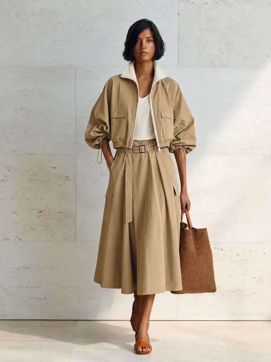 Women's Modern Khaki Cotton Blend Utility Cropped Jacket And Belted A-Line Midi Skirt Two-Piece Set MDZ1706G0ZSQ