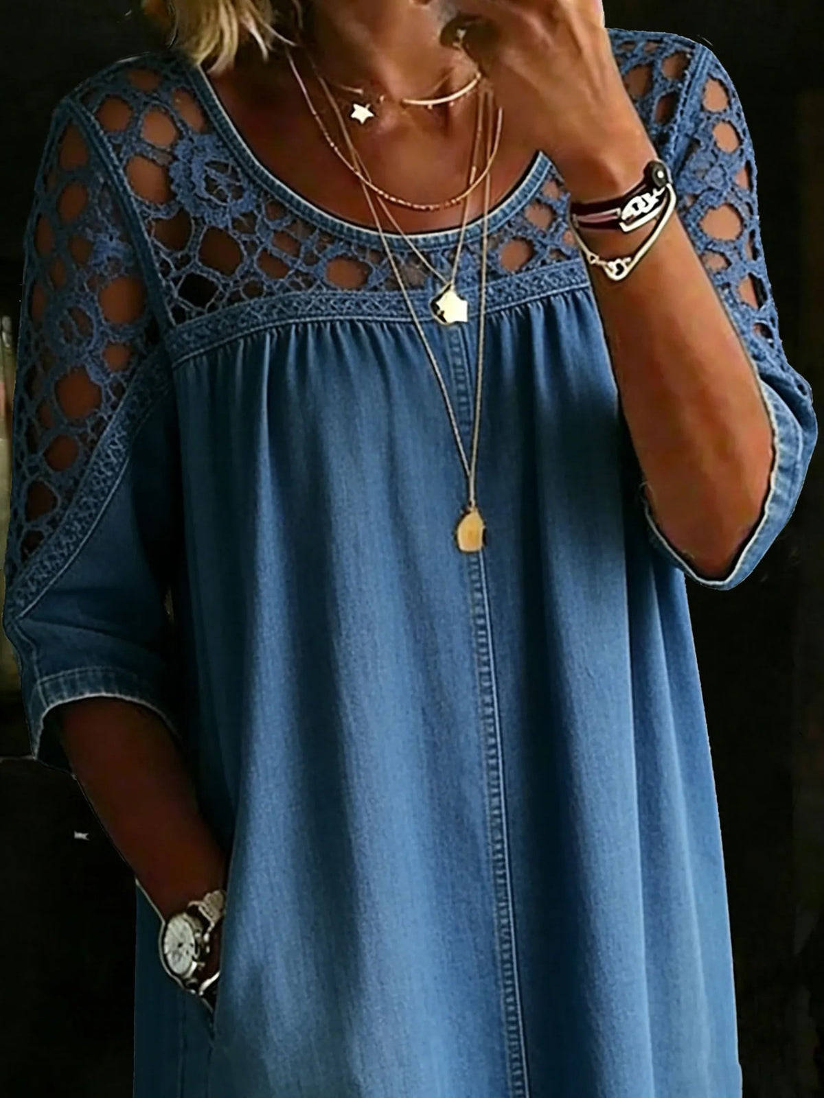 Women's Boho Lace Patchwork Denim Blouse - Loose Fit 3/4 Sleeve Top