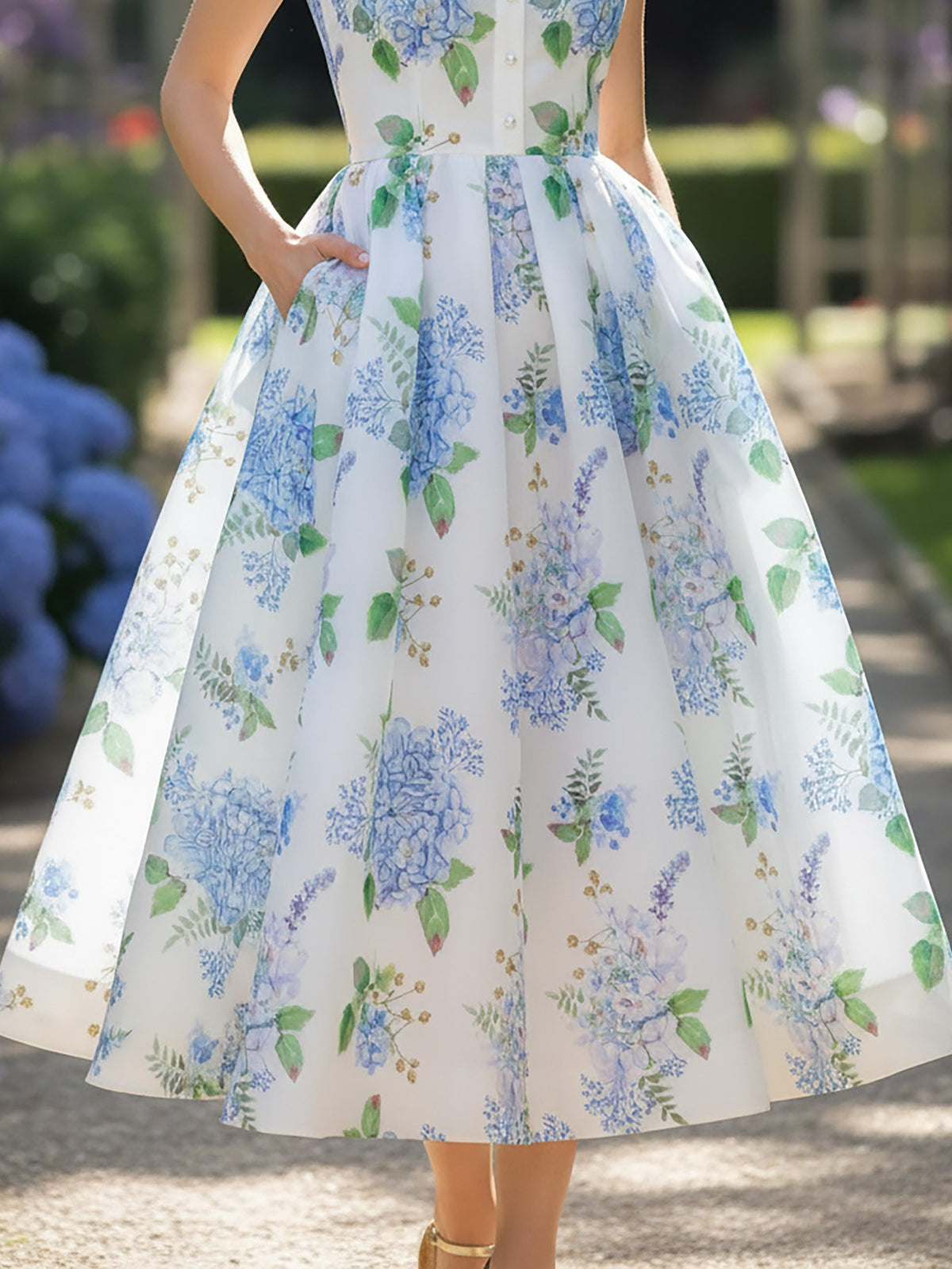 Maxi Cotton Dress, Sleeveless, Shawl Collar, Floral, Button Design, Vintage, Blue