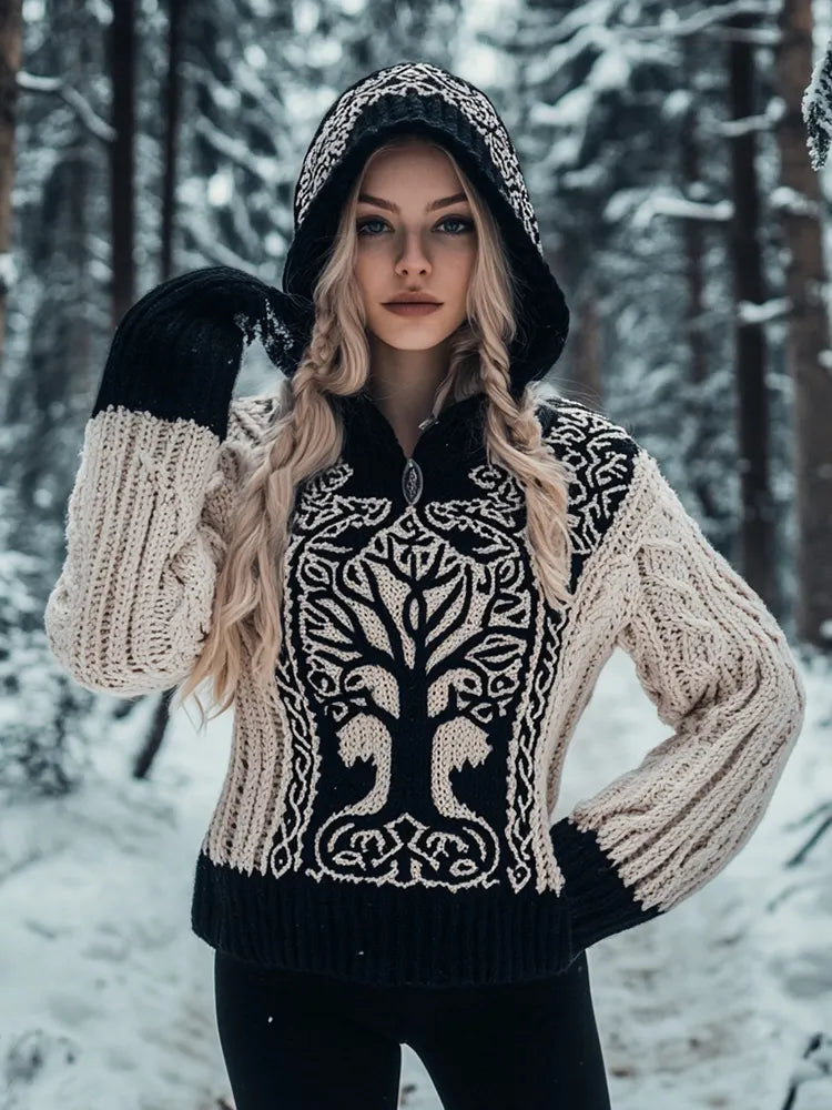 Women's Viking Tree Of Life Jacquard Cozy Chunky Knit Hooded Sweater