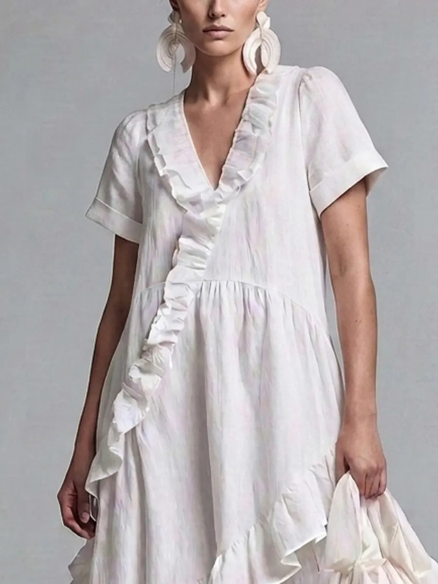 Women’s Boho White Linen Short Sleeve Ruffle Trim V-Neck Loose Flowly High Low Hem Maxi Dress MDZ0229G9T