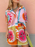 Ethnic Print Casual Lace Collar Shirt Shorts Suit