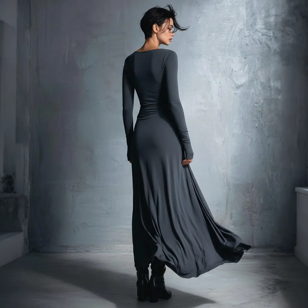 Women's Vintage Elegant Gray Draped Maxi Dress With Long Sleeves