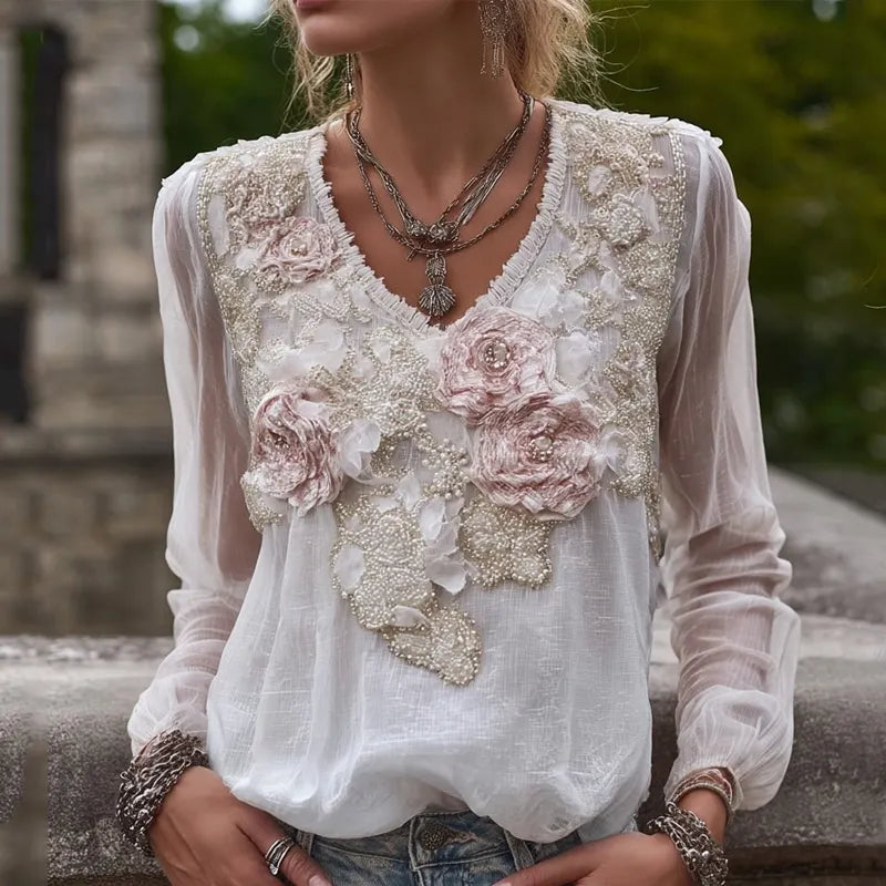 Vintage Pink Flowers Embroidered Long Sleeve Linen Shirt