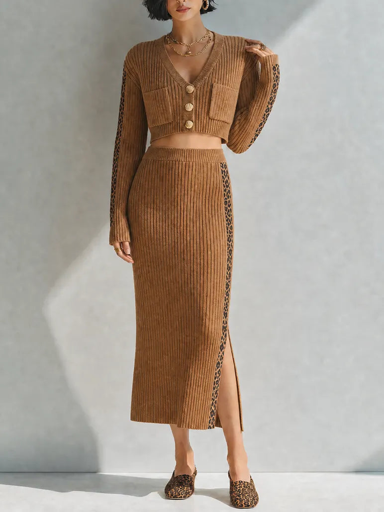 Women's Modern Ivory And Terracotta Color-Block Ribbed Knit V-Neck Short Sleeve Button-Front Midi DressMDZ2137G6ZSQ