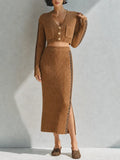 Women's Modern Ivory And Terracotta Color-Block Ribbed Knit V-Neck Short Sleeve Button-Front Midi DressMDZ2137G6ZSQ